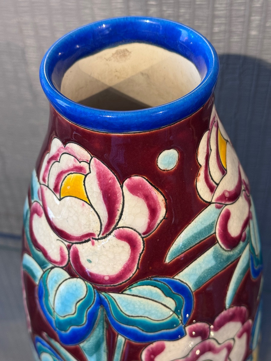 Vase Keramis Manufacture Boch Art Deco Floral Design-photo-1