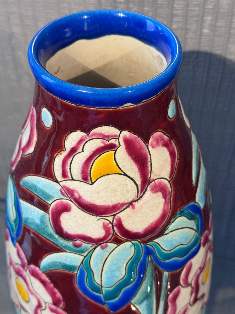 Vase Keramis Manufacture Boch Art Deco Floral Design-photo-2