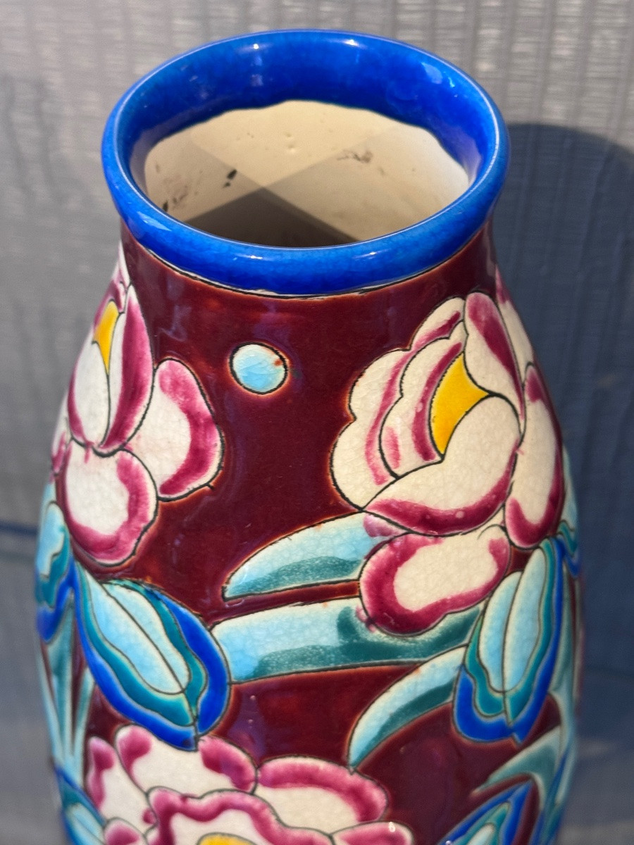 Vase Keramis Manufacture Boch Art Deco Floral Design-photo-3