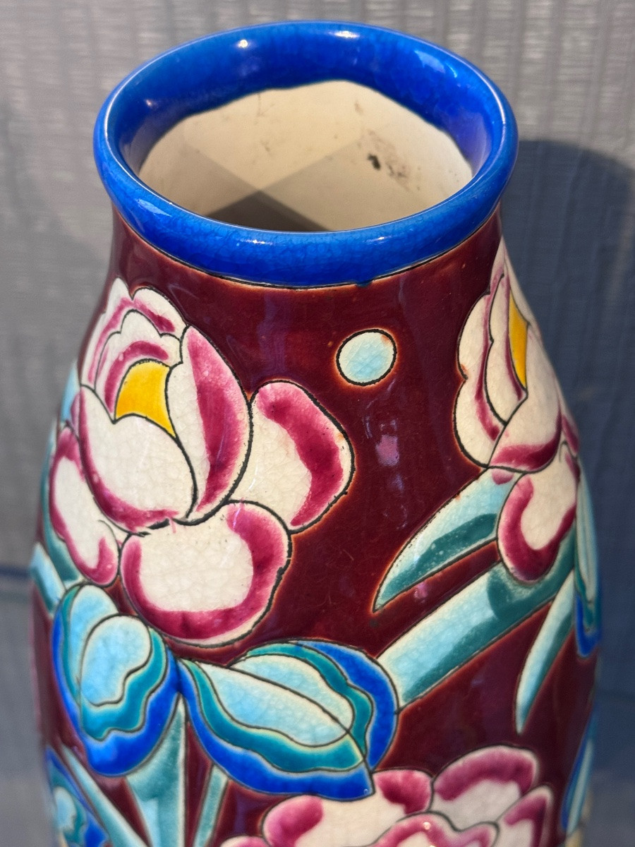 Vase Keramis Manufacture Boch Art Deco Floral Design-photo-4