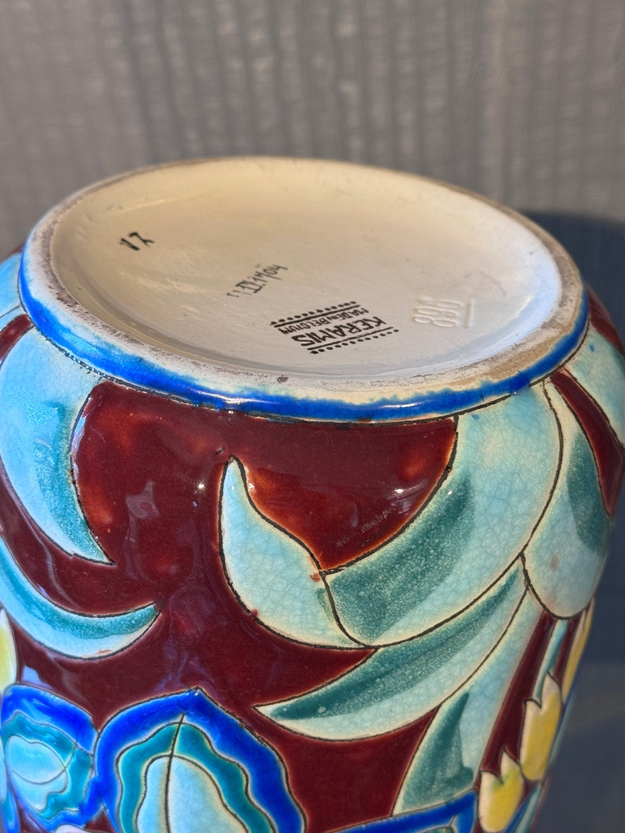 Vase Keramis Manufacture Boch Art Deco Floral Design-photo-6
