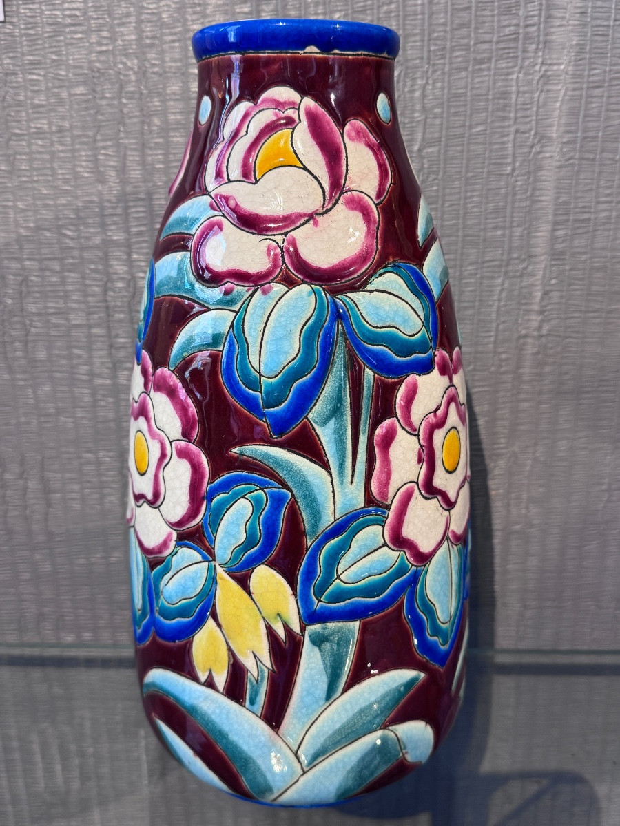Vase Keramis Manufacture Boch Art Deco Floral Design
