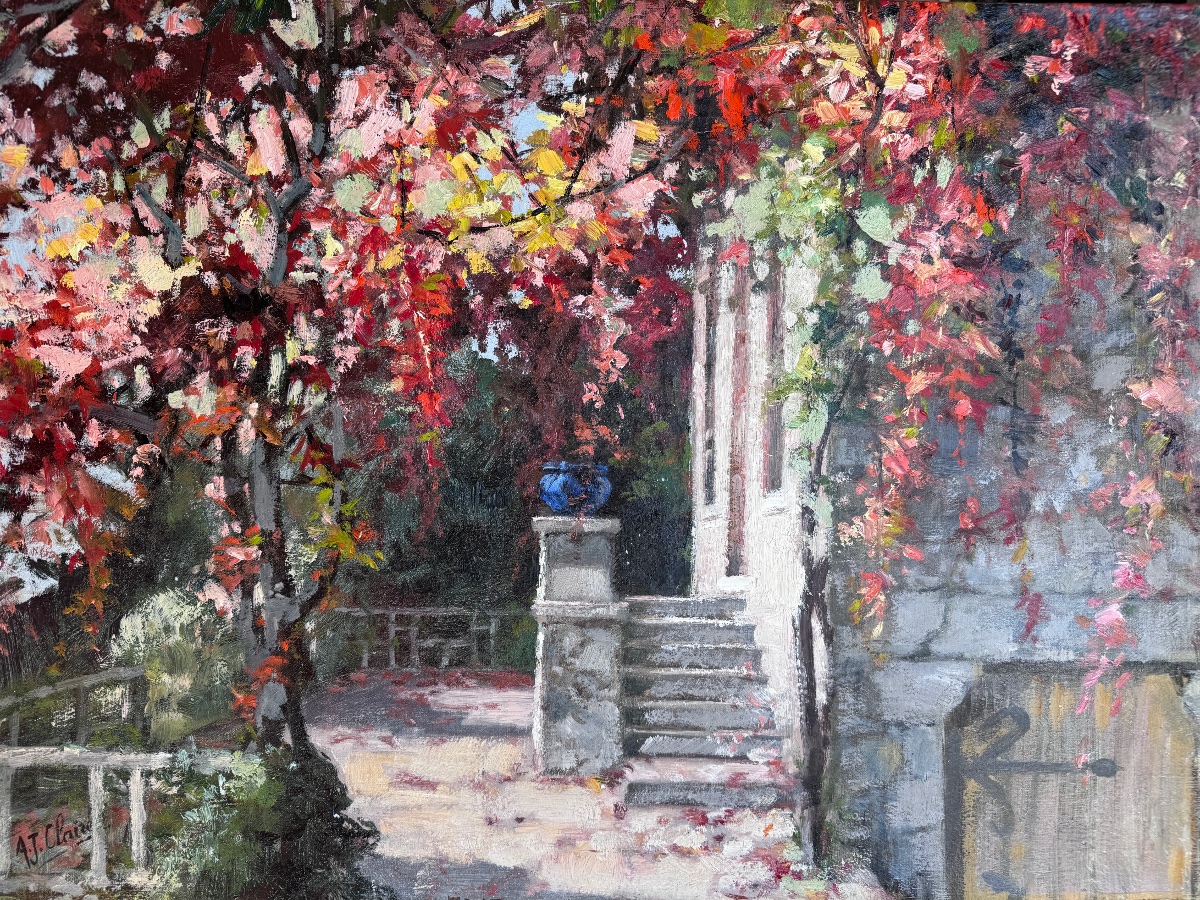 Auguste Jean Claire, “the Sunlit Porch,” Oil On Canvas 