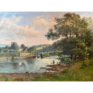 Auguste DANDOY «Jeunes pêcheurs à la ligne » 1892 peinture huile sur toile 60x80 cm