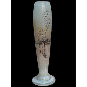 Vase DAUM Nancy verre gravé émaillé époque vers 1900 décor paysage hivernal ht 16 cm