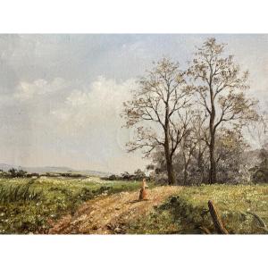 Oil On Canvas, Animated Landscape, Signed Raney. 20 X 26 Cm 