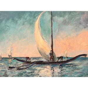 Paul DAXHELET (1905-1993): « Pêcheurs à Zanzibar » peinture huile sur panneau 30x40 cm