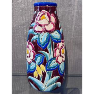 Vase Keramis Manufacture Boch Art Deco Floral Design
