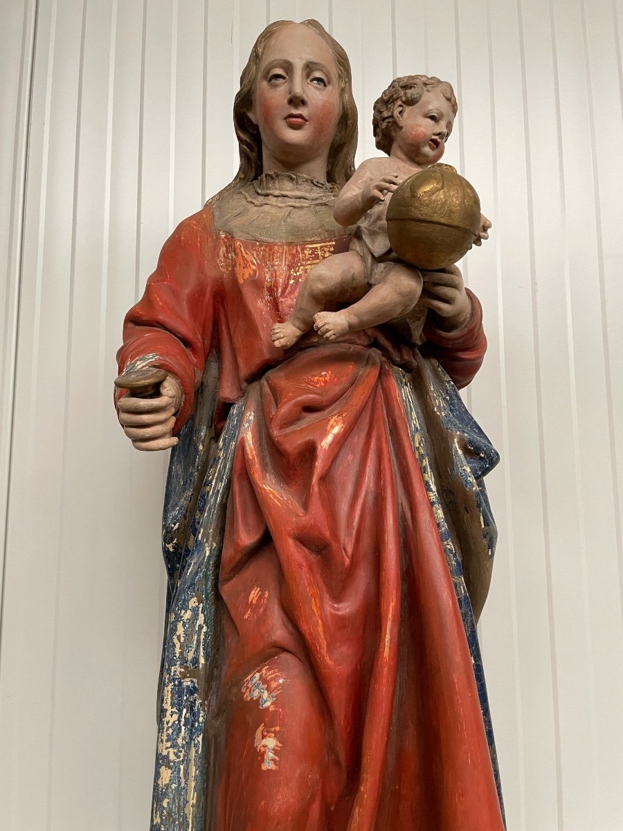 Vierge A l'Enfant En Bois Circa 1700 - 117 Cm Hauteur