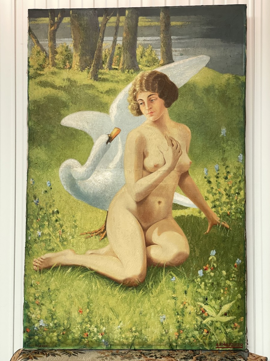 Tableau représentant une femme nue avec un Cygne