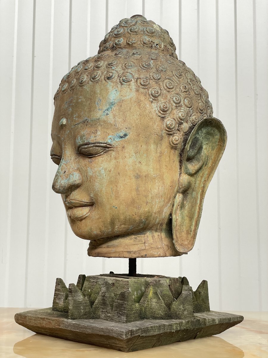 Bouddha thaïlandais du XXe siècle en bronze sur socle en bois-photo-2
