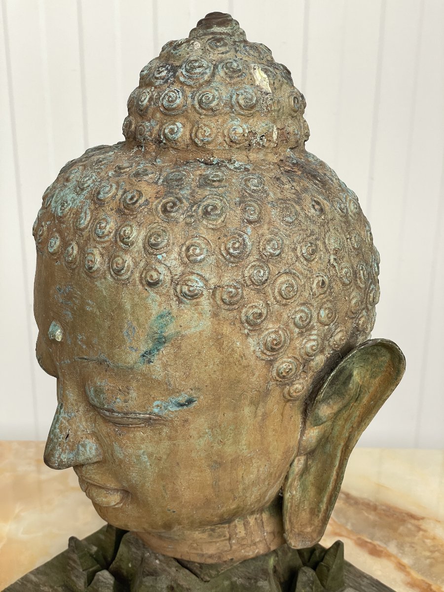 Bouddha thaïlandais du XXe siècle en bronze sur socle en bois-photo-3