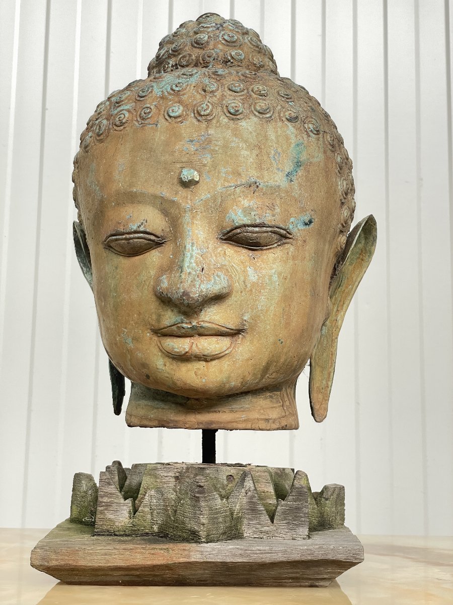 Bouddha thaïlandais du XXe siècle en bronze sur socle en bois-photo-8