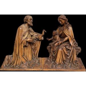 Exceptionnel Fragment De Retable Néo Gothique En Bois - Saint Joseph, Mère Marie Et Le Christ