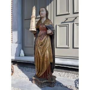 Exceptionnelle Sainte Barbe du XVIème siècle en bois polychromé