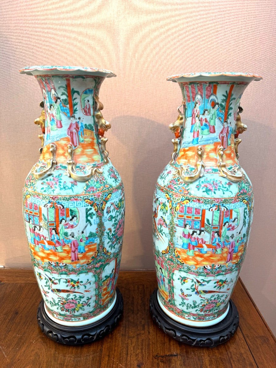 Pair Of Large Cantonese Enameled Porcelain Vases