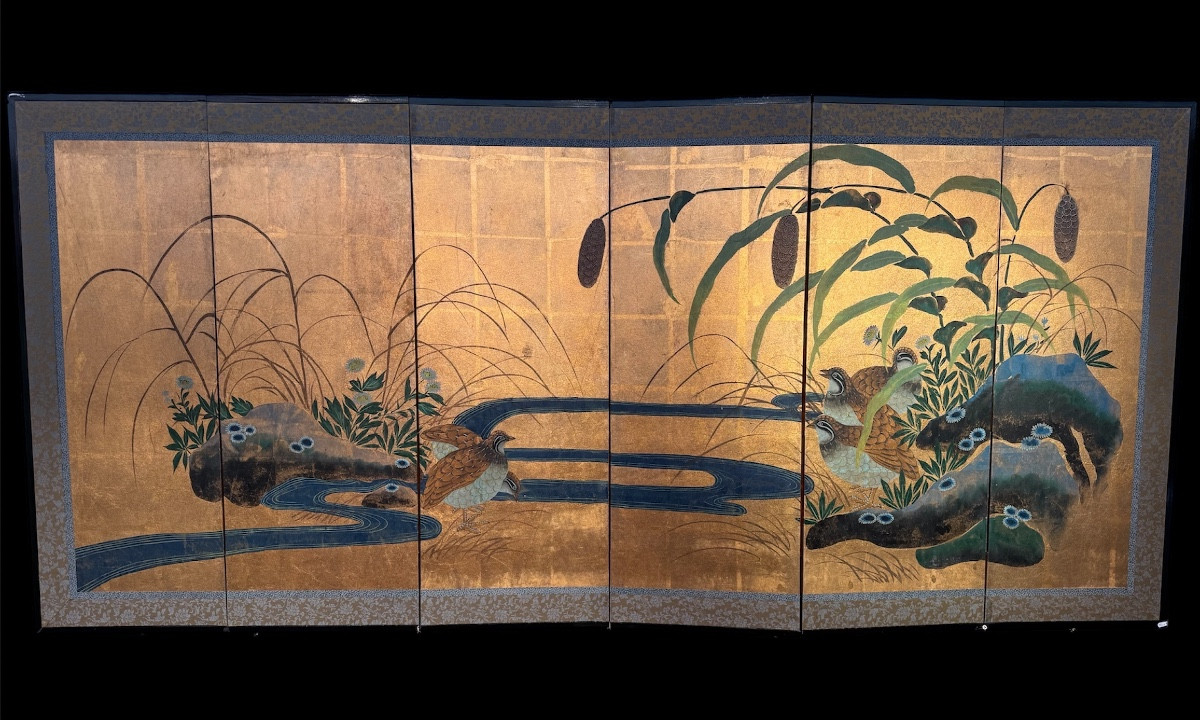 Six-panel Japanese Byobu Folding Screen With Gold Leaf