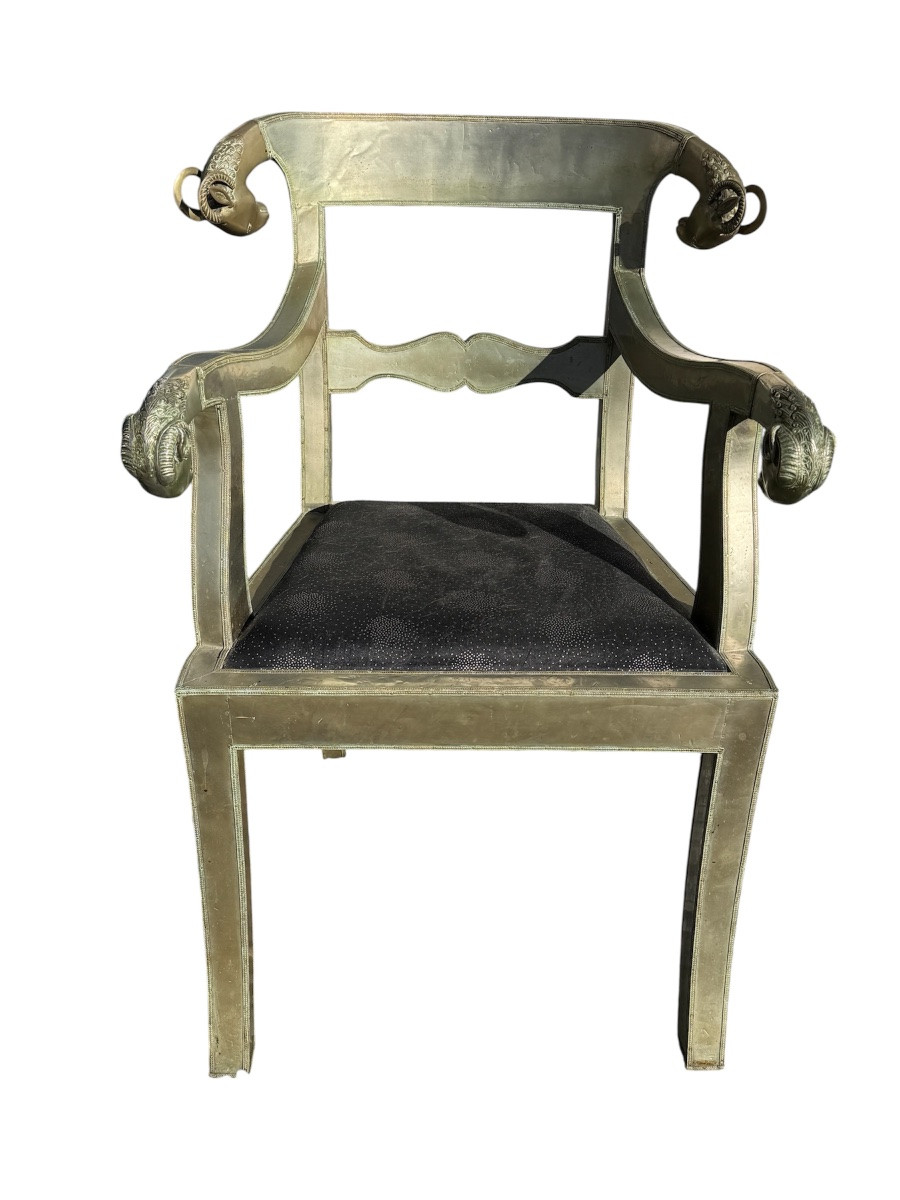 Pair Of Anglo-indian Silver-plated Metal Armchairs With Ram's Heads – 20th Century-photo-2