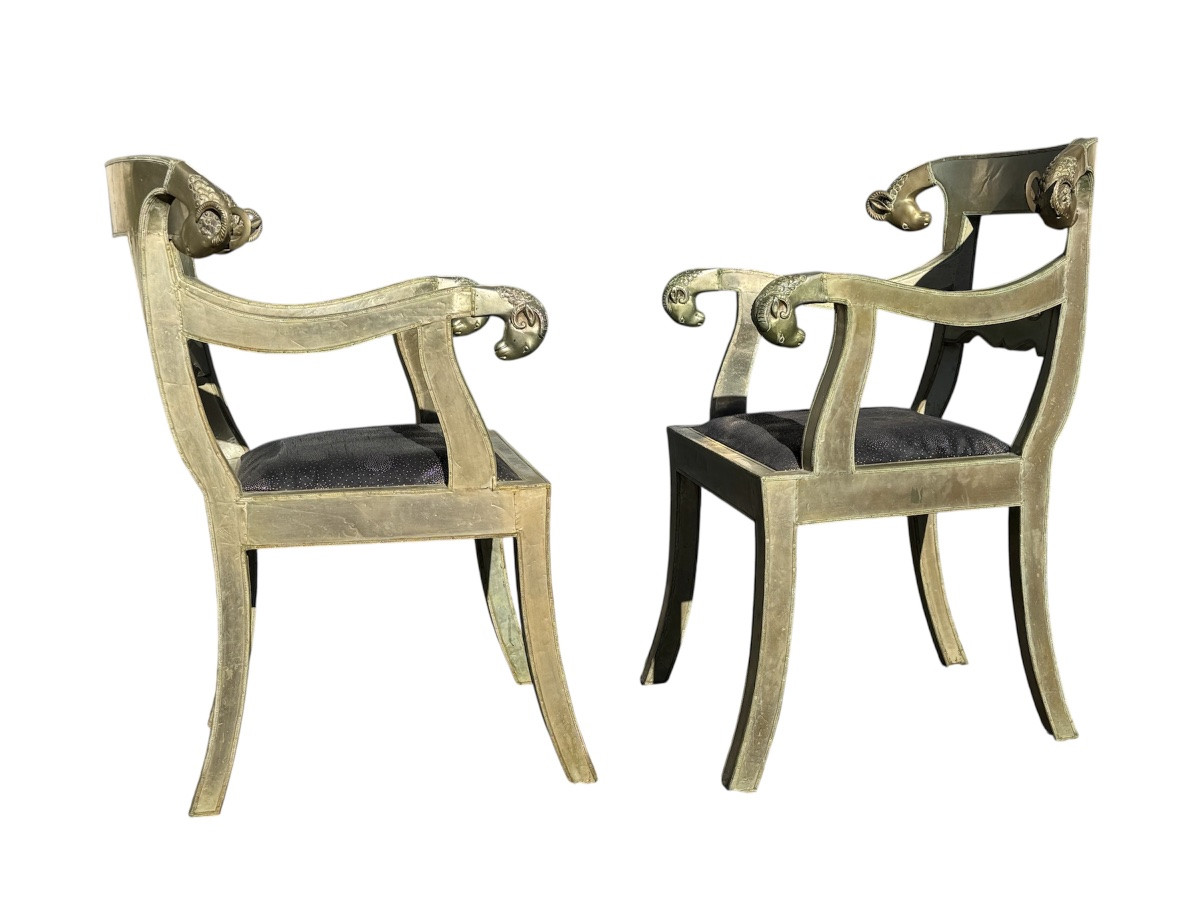 Pair Of Anglo-indian Silver-plated Metal Armchairs With Ram's Heads – 20th Century-photo-4
