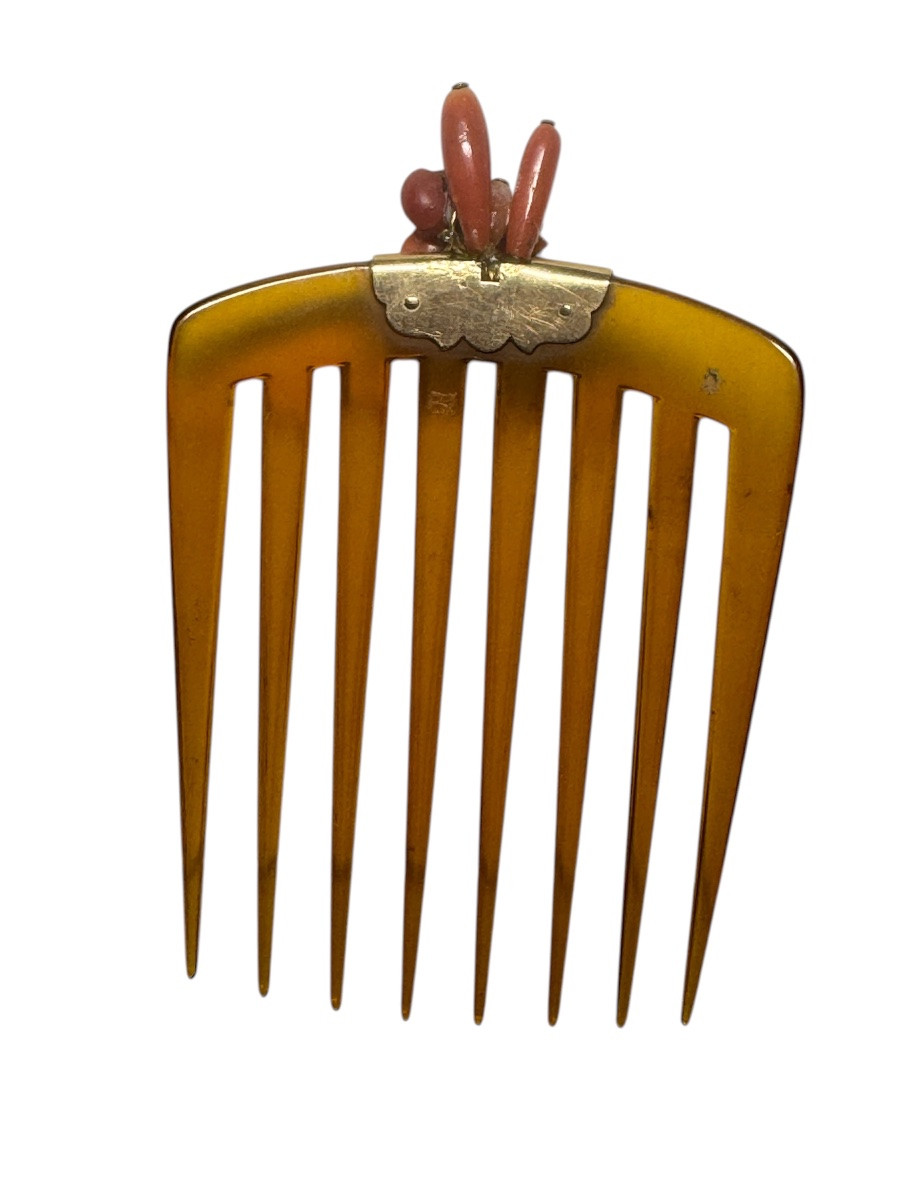 Peigne de coiffure en écaille blonde, or 18 carats et corail – Époque Napoléon III-photo-3