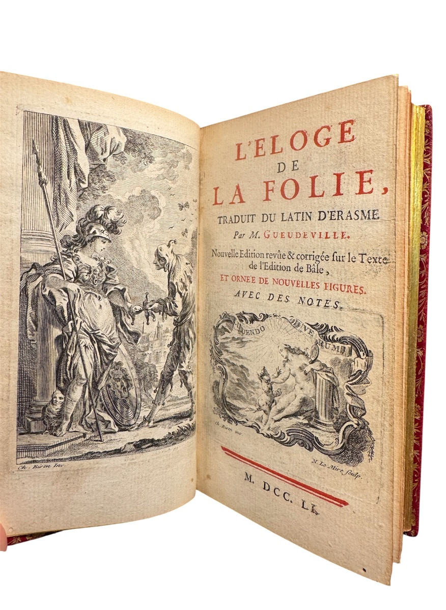 Érasme – L’Éloge de la Folie – 1751 – Reliure plein cuir d’époque – Illustré