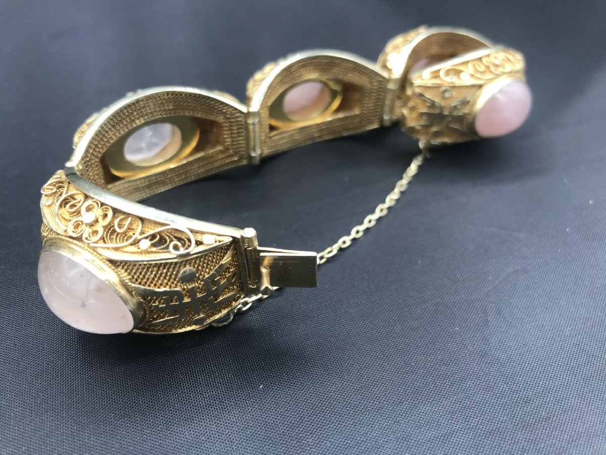 Articulated Bracelet In Vermeil Set With Five Rose Quartz Cabochons-photo-4