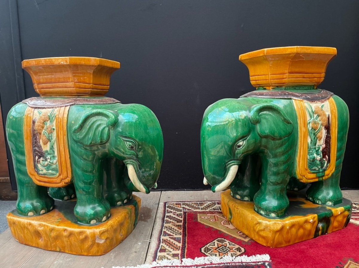 Pair Of Enamelled Stoneware Saddles Representing Elephants
