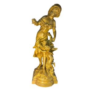 Mathurin Moreau – « Amour en Vendange » – Important bronze doré – 56 cm