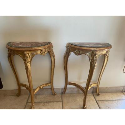 Beautiful Pair Of Small Italian Consoles In Golden Wood And Marble Top