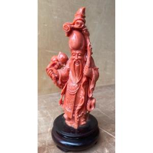 Shou-lao En Corail Rouge Sculpté 