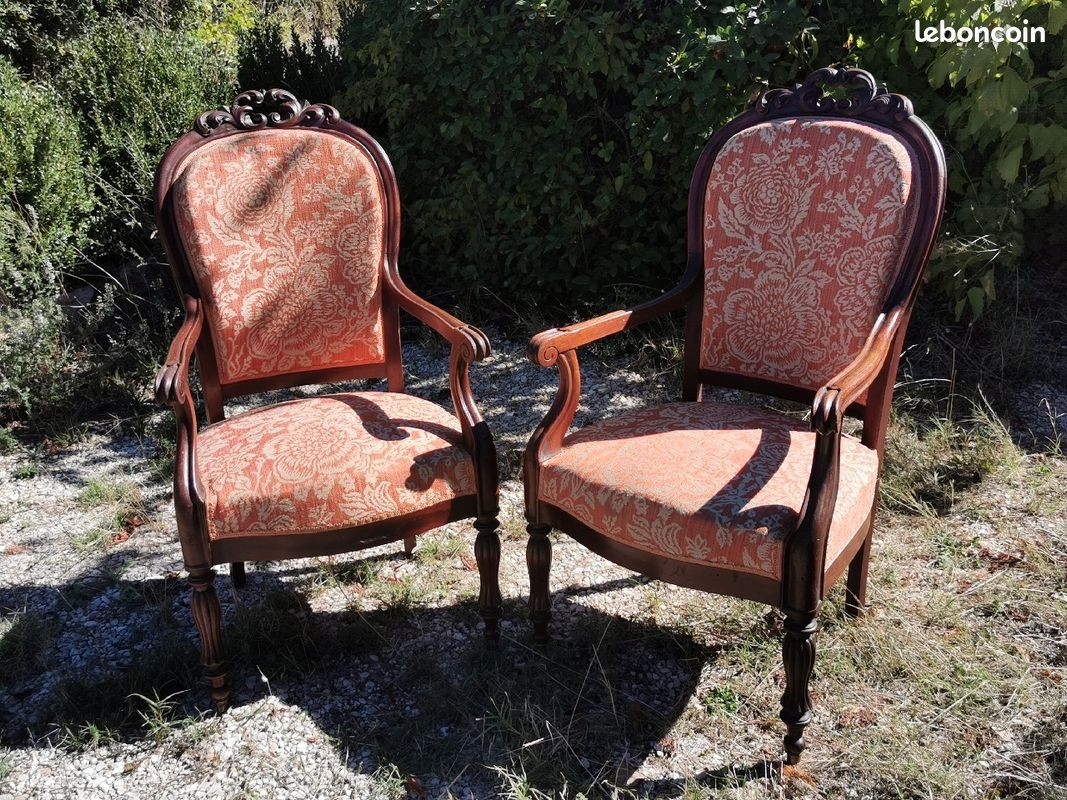 Pair Of 19th Century Armchairs, Early 20th Century, Fabric And Walnut