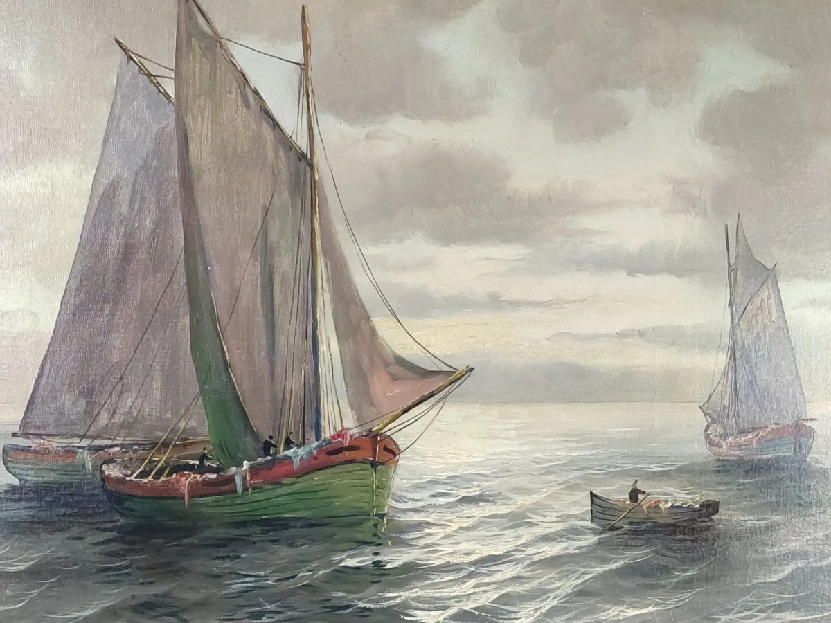 Painting "sailboats The Tartans" Marine Signed Gillet XIXth Oil On Canvas 60 X 122cm-photo-4