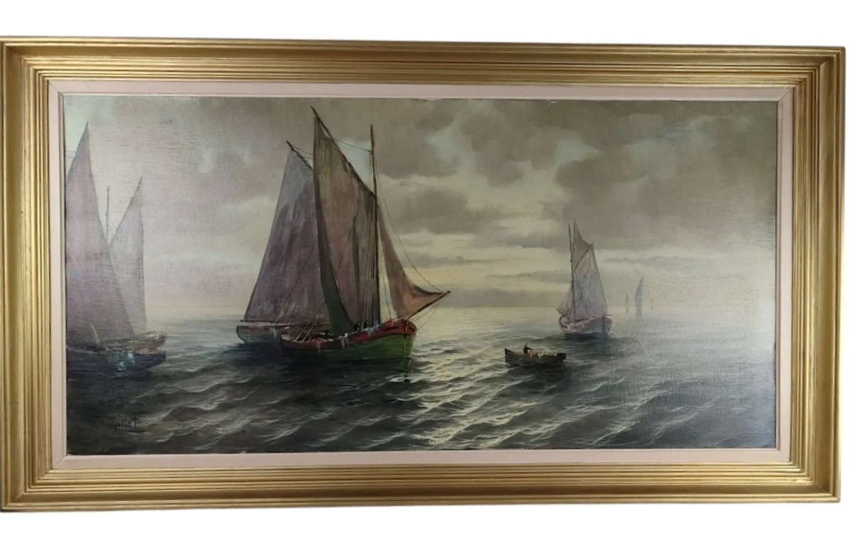Painting "sailboats The Tartans" Marine Signed Gillet XIXth Oil On Canvas 60 X 122cm