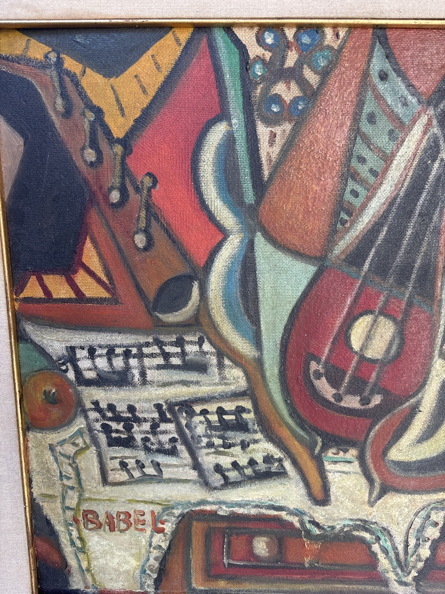 Nature Morte Musicale Signé Babel Huile sur bois -photo-2