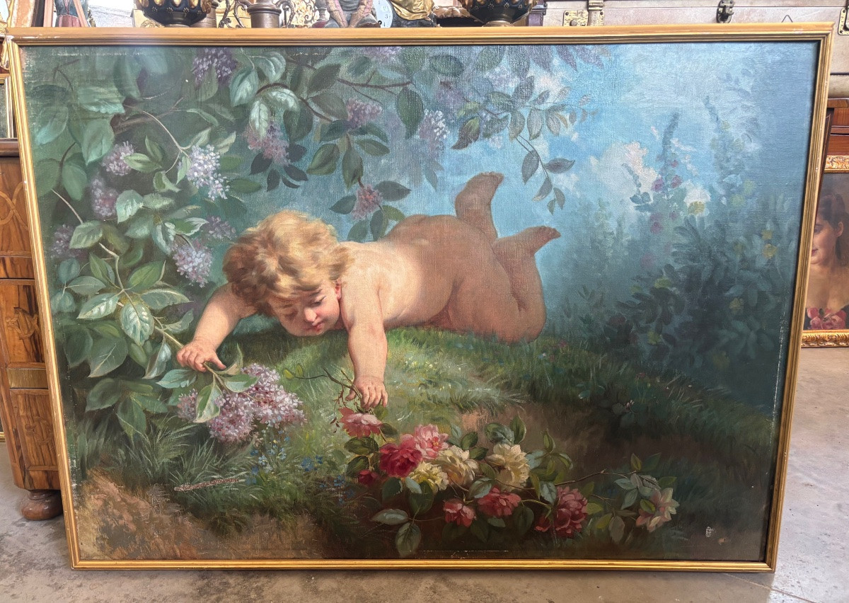 Tableau huile sur toile encadré scène Putto dans les fleurs-photo-2