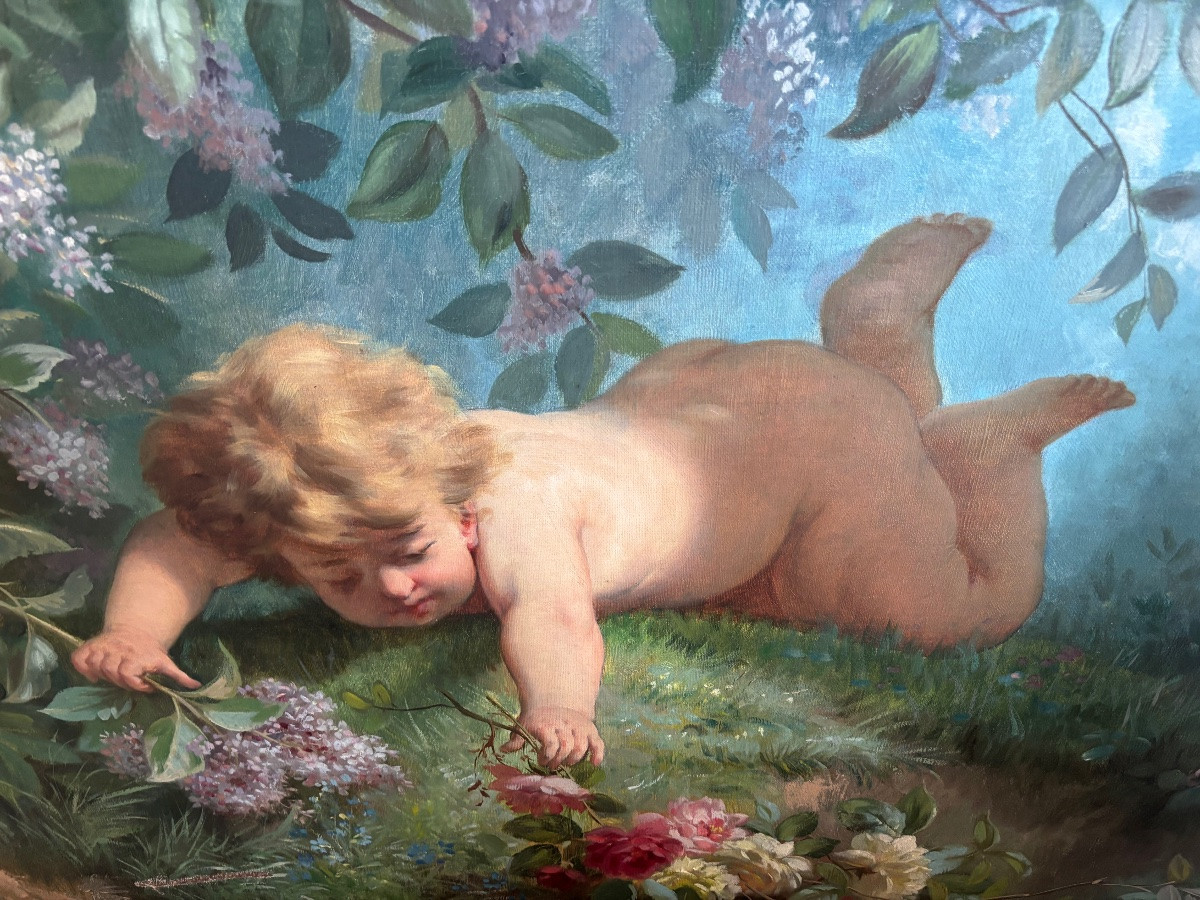 Tableau huile sur toile encadré scène Putto dans les fleurs-photo-4