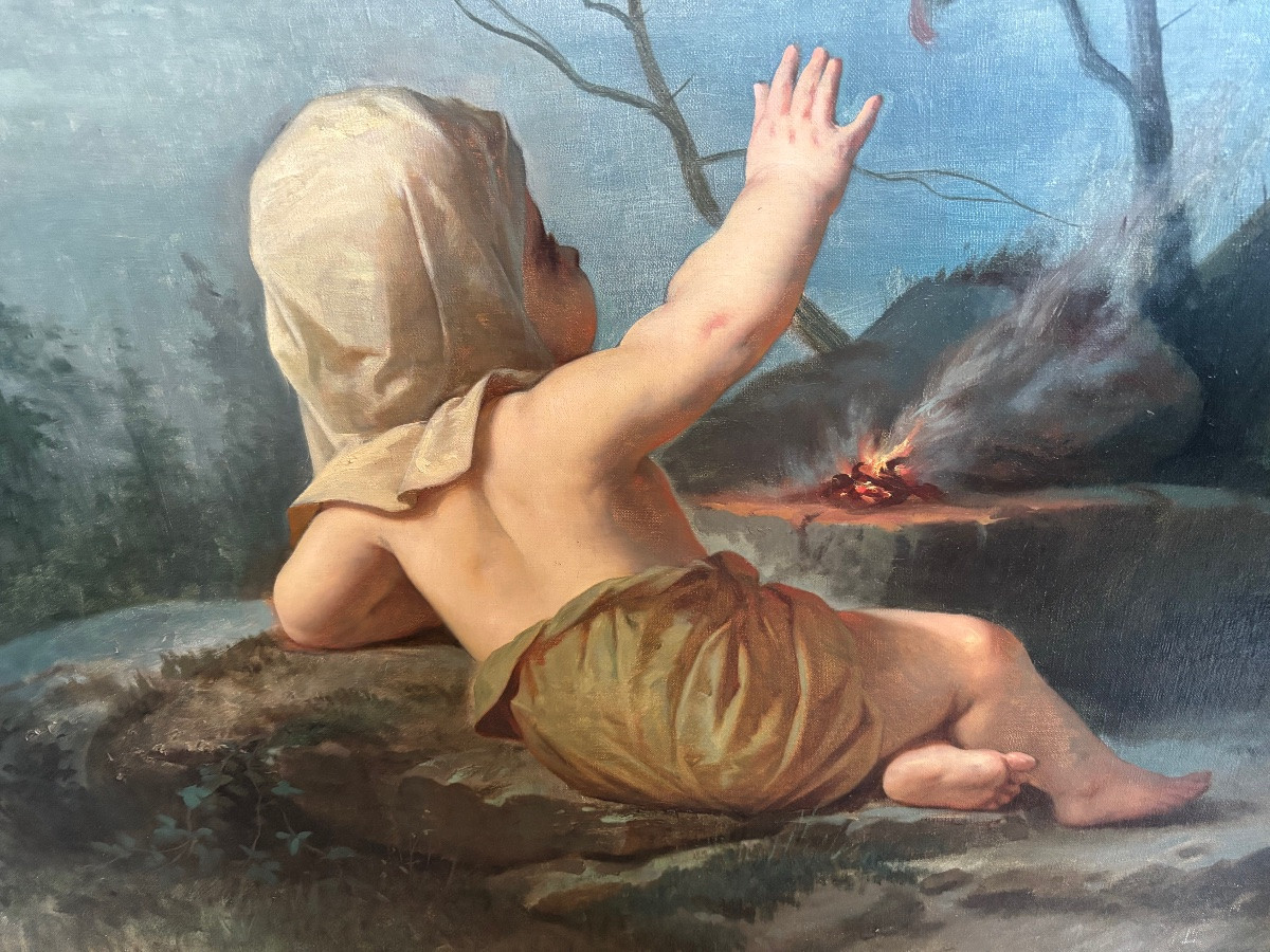 Huile sur toile XIXe – Enfant près du feu en forêt XIXeme-photo-3