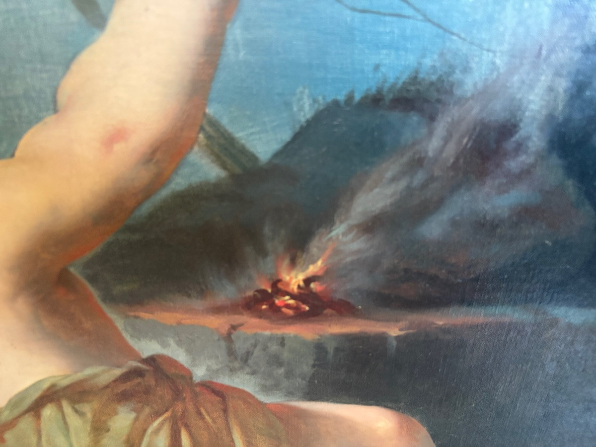 Huile sur toile XIXe – Enfant près du feu en forêt XIXeme-photo-4