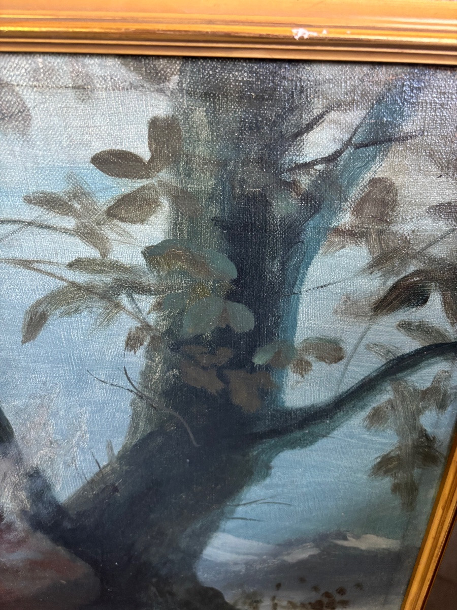 Huile sur toile XIXe – Enfant près du feu en forêt XIXeme-photo-2