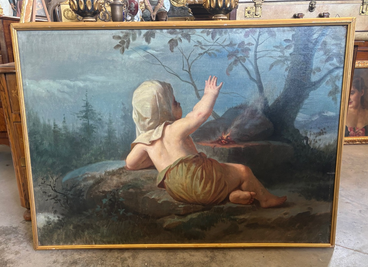 Huile sur toile XIXe – Enfant près du feu en forêt XIXeme