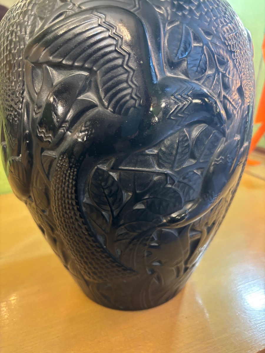 Large Black Molded Glass Vase "bird Of Paradise" By Pierre d'Avesn (1901–1990)-photo-3