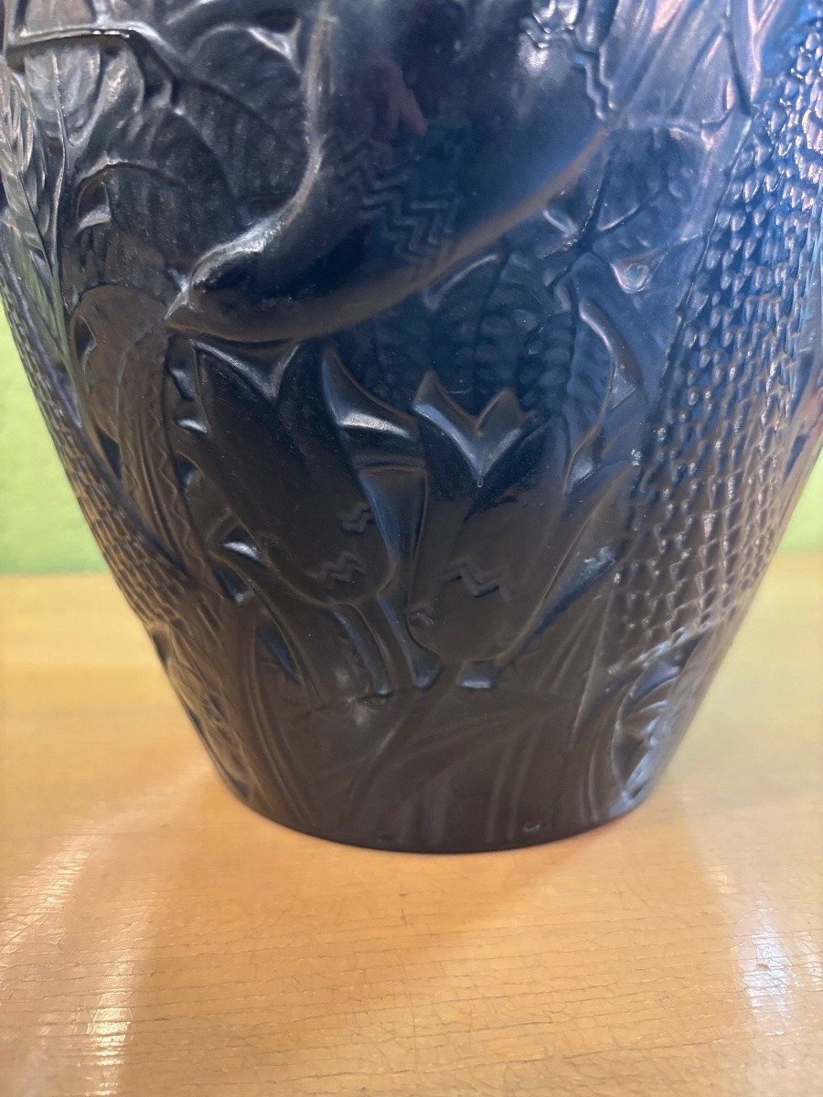 Large Black Molded Glass Vase "bird Of Paradise" By Pierre d'Avesn (1901–1990)-photo-4