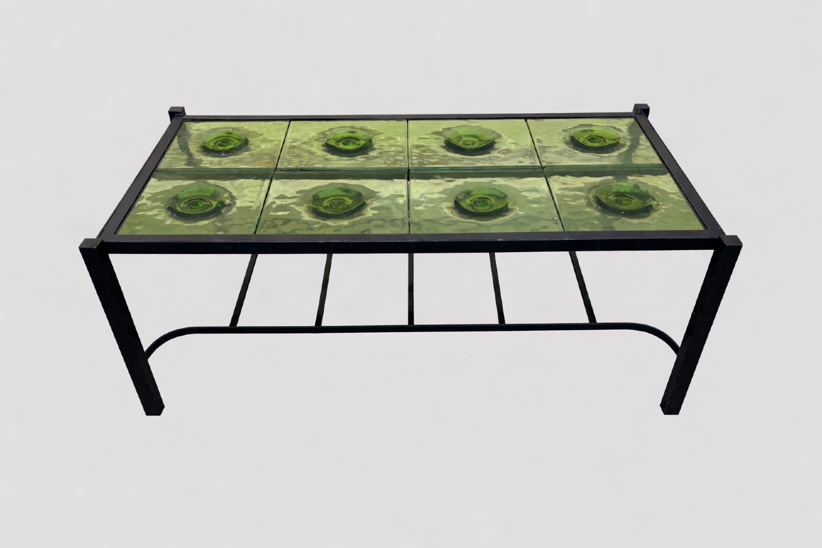 Coffee Table In Black Metal And Green Glass Tiles, Vintage Design, 1970s