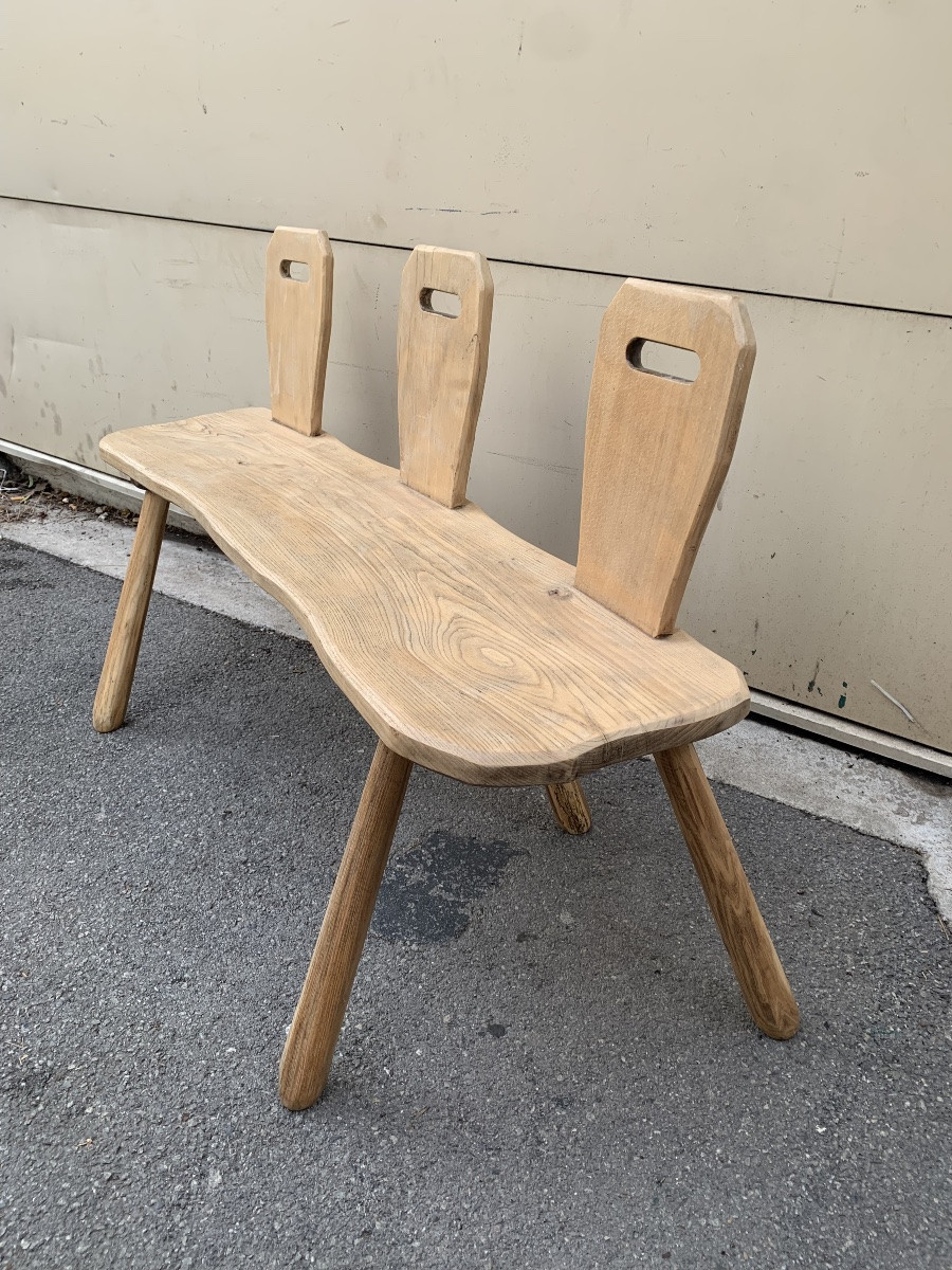 Banc à trois dossiers – Bois massif – Années 1950-photo-2