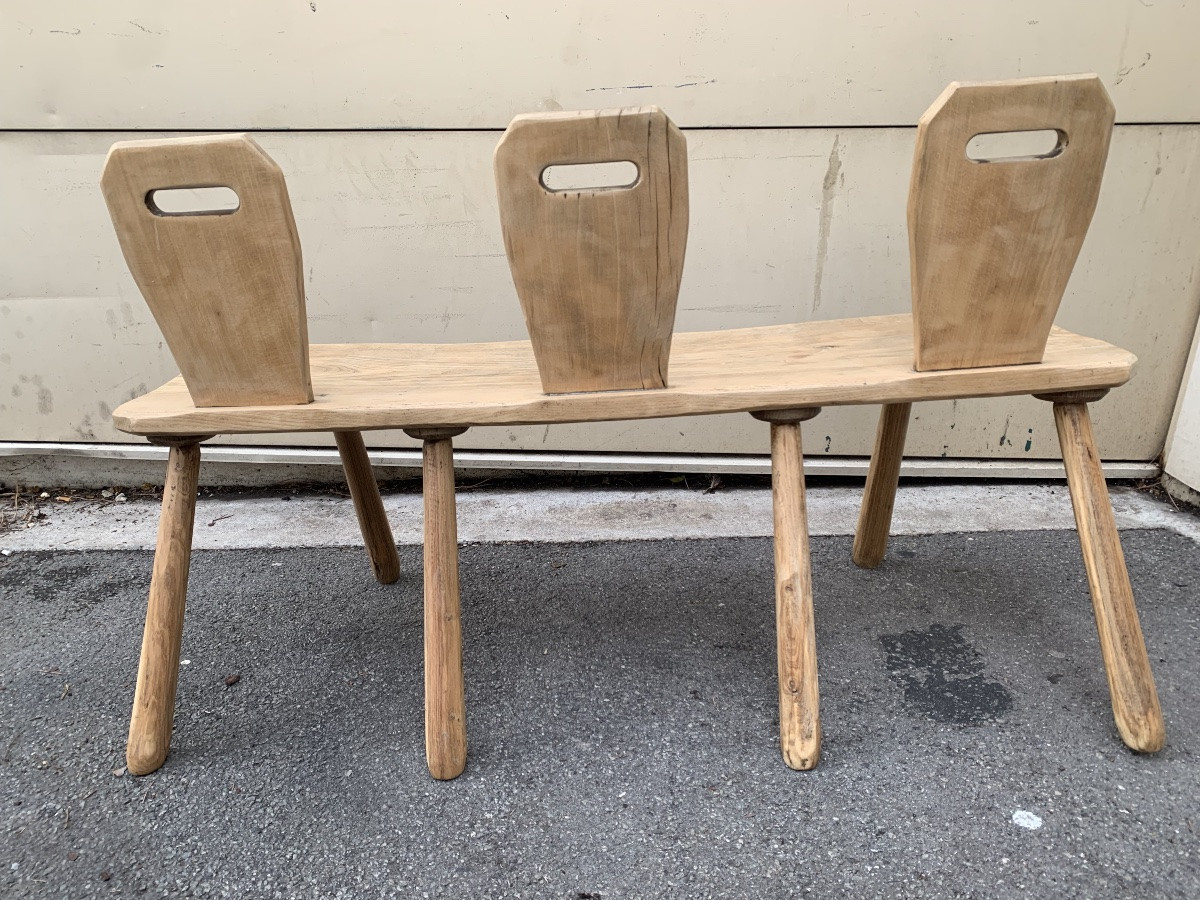 Banc à trois dossiers – Bois massif – Années 1950-photo-3