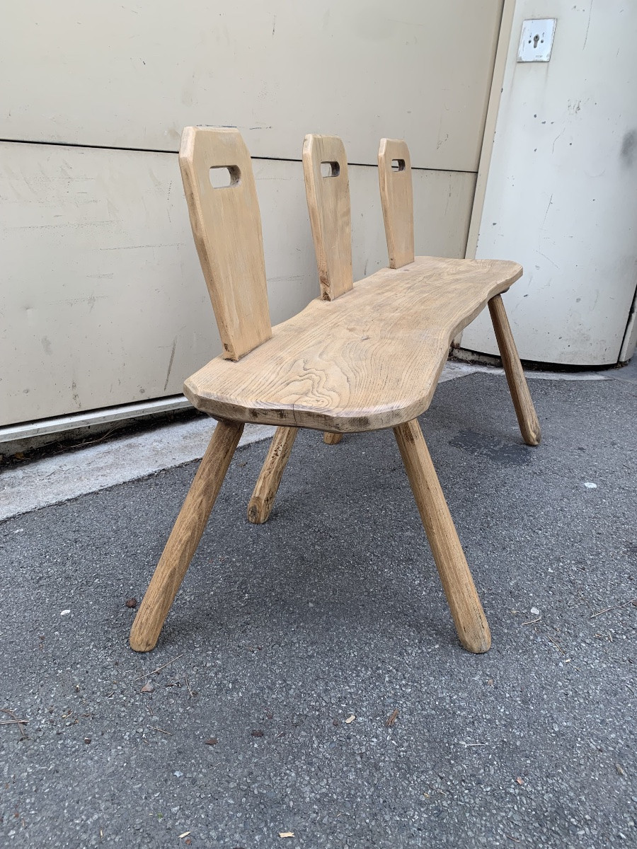 Banc à trois dossiers – Bois massif – Années 1950-photo-6