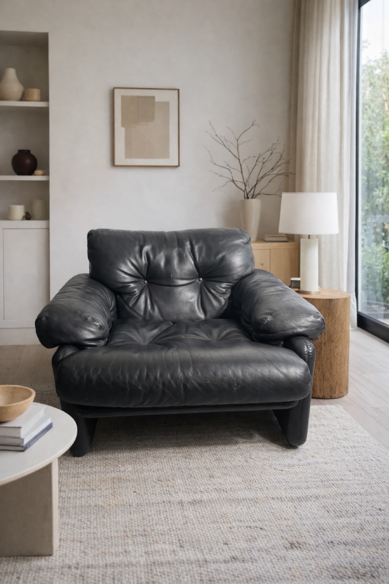Black Leather Armchair – Tobia Scarpa For B&b Italia-photo-5