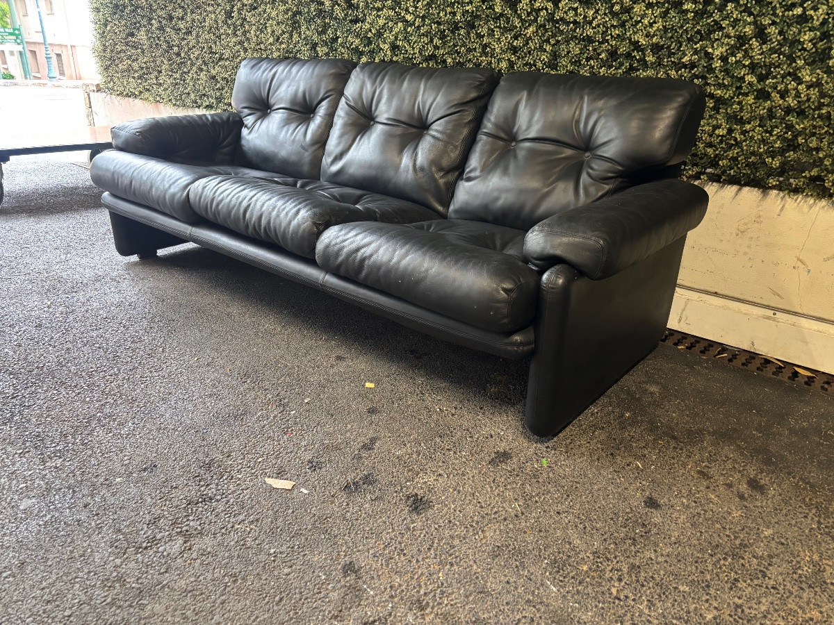 Three-seater Black Leather Sofa – Tobia Scarpa For B&b Italia-photo-2