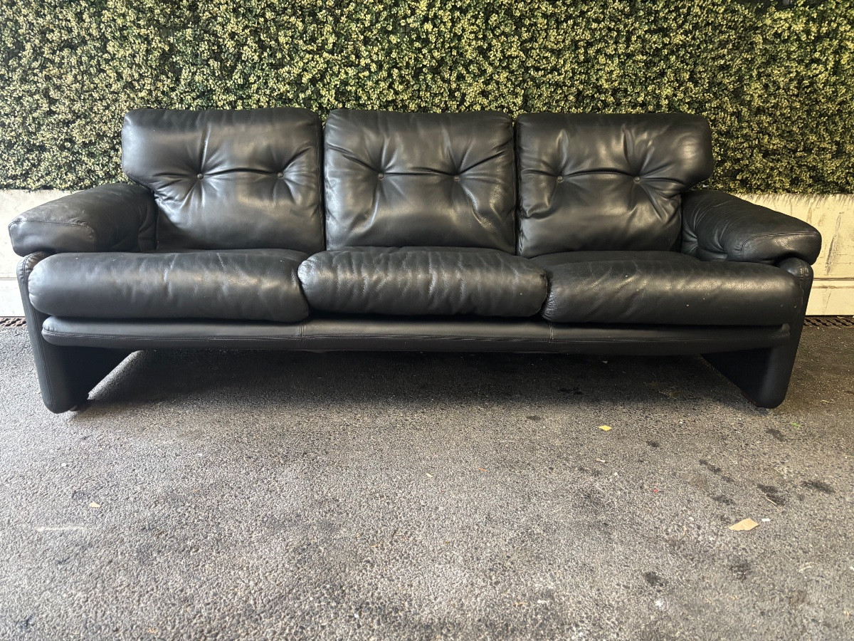 Three-seater Black Leather Sofa – Tobia Scarpa For B&b Italia-photo-2