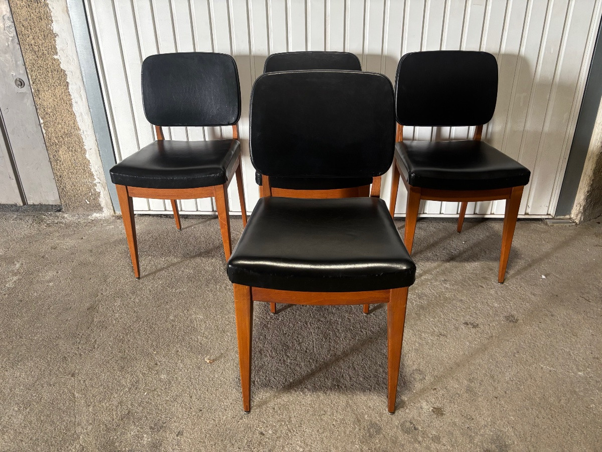 Set Of 4 Danish Chairs In Solid Wood And Black Vinyl – Scandinavian Design, 1960s-photo-1